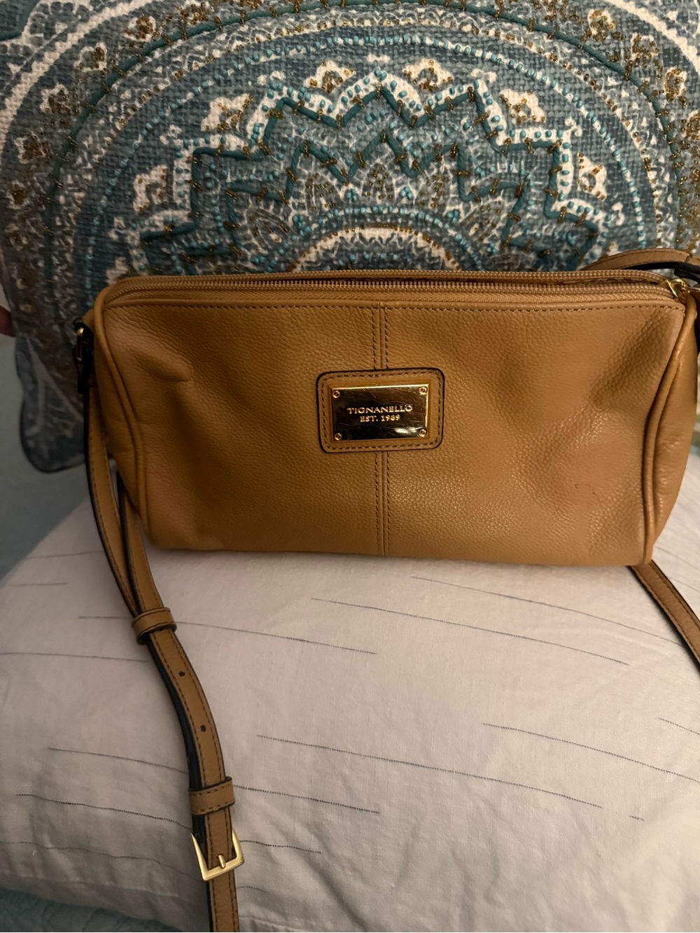 Tignanello Camel/Tan Pebbled Leather Crossbody Bag with Gold Plate